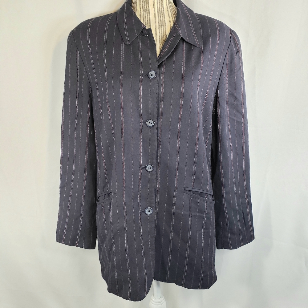 Lizsport Navy & Burgundy Striped Dark Academia Lined Blazer with Pockets Size 10